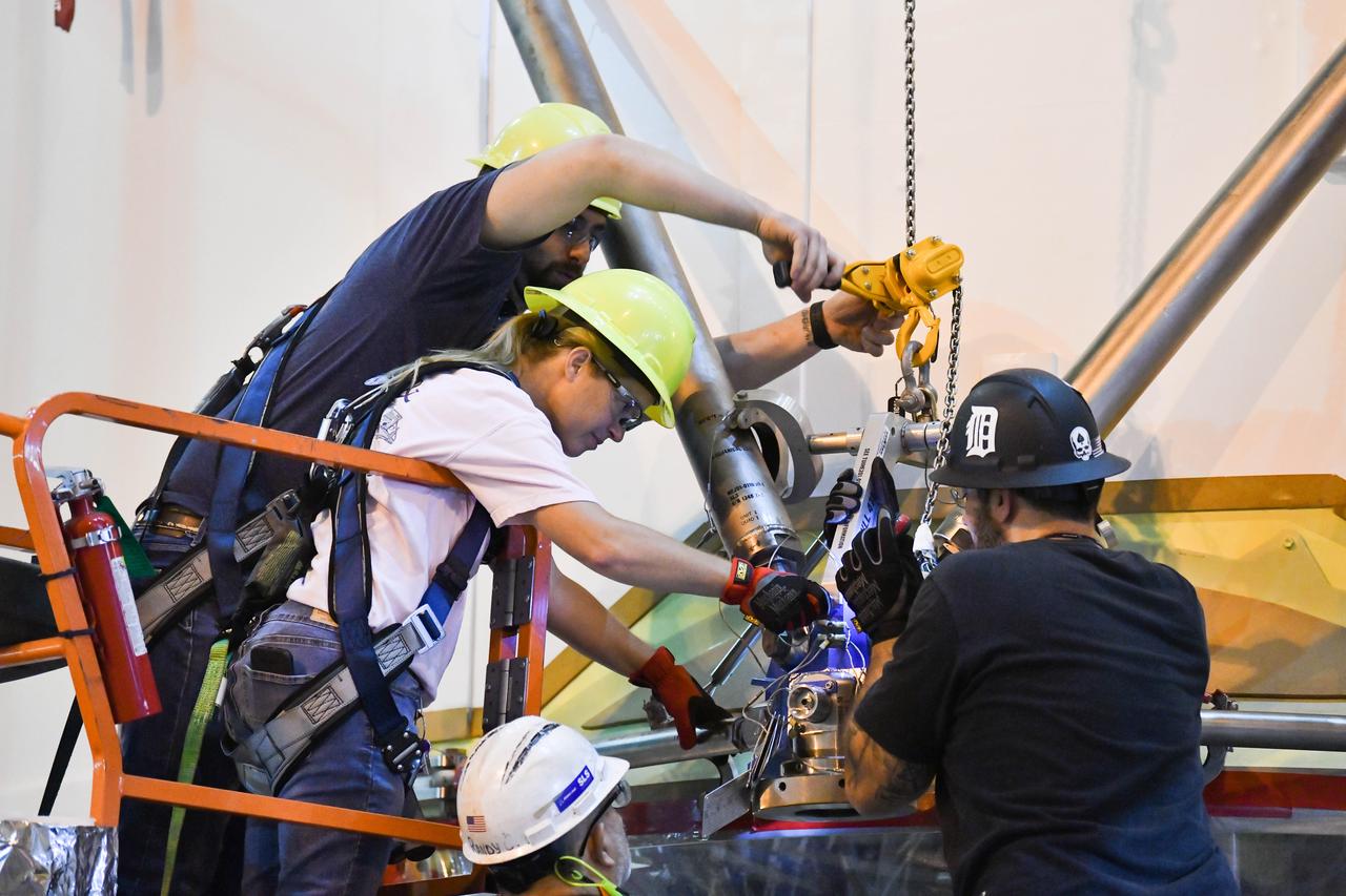 Technicians at NASA’s Michoud Assembly Facility in New Orleans rotated the engine section for NASA’s Space Launch System rocket from a vertical to horizontal position to prepare it for joining to the rest of the rocket’s core stage on Sept. 13. The engine section, which comprises the lowest portion of the 212-foot-tall stage, is the last major component to be horizontally integrated to the core stage. Michoud crews completed assembly on the flight hardware that will be used for Artemis I, the first lunar mission of SLS and NASA’s Orion spacecraft, on Aug. 29. The core stage’s two liquid propellant tanks and four RS-25 engines will produce more than 2 million pounds of thrust to send the SLS rocket and Orion on the Artemis lunar missions. The engine section houses the four RS-25 engines and includes vital systems for mounting, controlling and delivering fuel form the propellant tanks to the rocket’s engines.  Offering more payload mass, volume capability and energy to speed missions through space, the SLS rocket, along with NASA’s Gateway in lunar orbit and Orion, is part of NASA’s backbone for deep space exploration and the Artemis lunar program. No other rocket is capable of carrying astronauts in Orion around the Moon in a single mission.